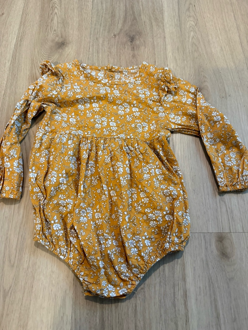 Mustard Floral Long-Sleeve Baby Romper with Ruffle Shoulders 3/6 months